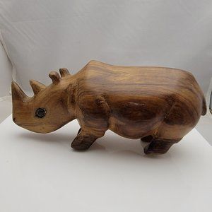 Hand Carved Wood Rhino Solid Rhinoceros Figurine 7-1/4 x 3-1/2